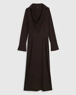 Brown Collared Cowl Neck Midi Dress