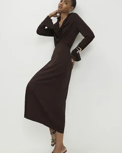 Brown Collared Cowl Neck Midi Dress