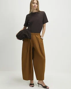 Brown Cotton blend Poplin Barrel Leg Trousers