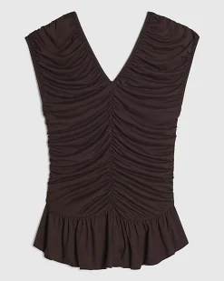Brown Cotton Ruched V Neck Top