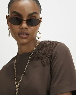 Brown Cotton Short Sleeve Lace Asymmetric Top