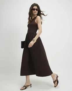 Brown Cotton Sleeveless Whipstitch Maxi Dress
