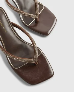 Brown Diamante Toe Thong Heeled Sandals