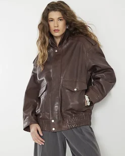 Brown Distressed Leather Bomber Jacket