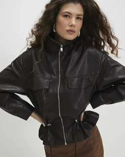 Brown Drawstring Funnel Neck Jacket