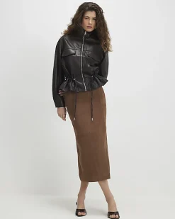 Brown Drawstring Funnel Neck Jacket
