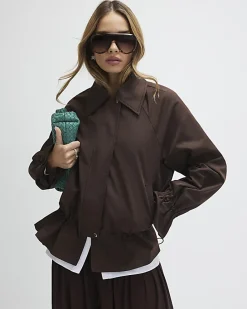 Brown Drop Hem Drawstring Jacket