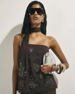 Brown Embellished Bandeau Beach Top