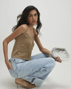 Brown Embellished Flower Knit Cami Top