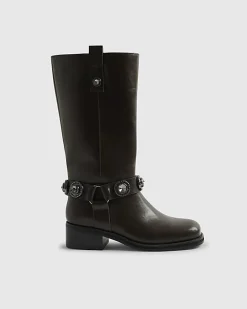 Brown Embellished harness boots