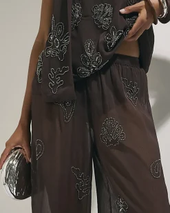 Brown Embellished Wide Leg Beach Trousers