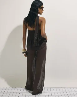 Brown Embellished Wide Leg Beach Trousers