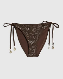 Brown Embroidered Tie Side Bikini Bottoms