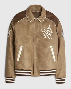 Brown Faux Leather Bomber Jacket