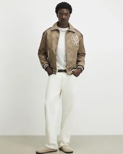 Brown Faux Leather Bomber Jacket