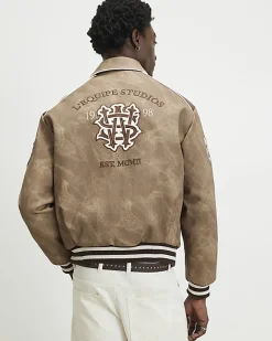 Brown Faux Leather Bomber Jacket