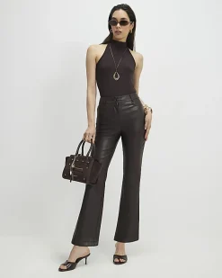 Brown Faux Leather Cropped Flared Trousers