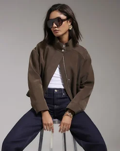 Brown Faux Leather Funnel Neck Bomber Jacket