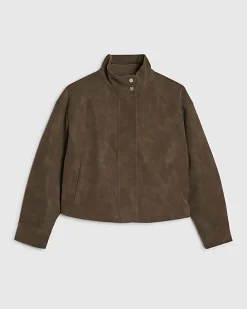 Brown Faux Leather Funnel Neck Bomber Jacket
