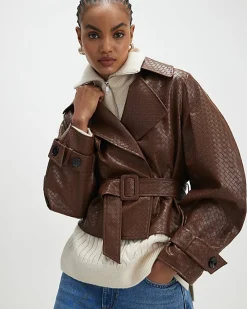 Brown Faux Leather Woven Trench jacket