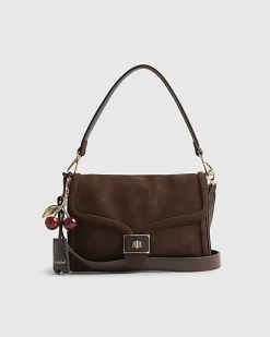 Brown Faux Suede Cherry Charm Shoulder Bag
