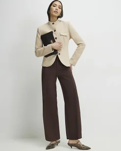 Brown Faux Suede Cropped Seam Front Trousers
