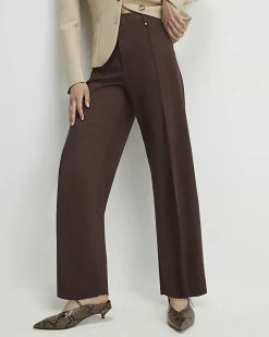Brown Faux Suede Cropped Seam Front Trousers