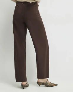 Brown Faux Suede Cropped Seam Front Trousers