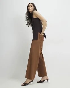 Brown Faux Suede Cropped Seam Front Trousers