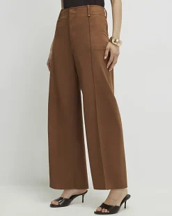 Brown Faux Suede Cropped Seam Front Trousers