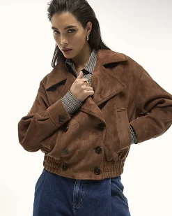 Brown Faux Suede Dropped Bomber Jacket