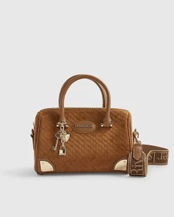 Brown Faux Suede Metal Corner Bowler Bag