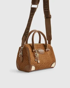 Brown Faux Suede Metal Corner Bowler Bag
