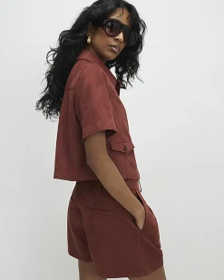 Brown Faux Suede Pleated Shorts