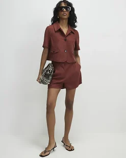 Brown Faux Suede Pleated Shorts