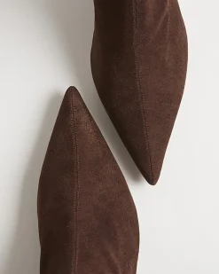 Brown Faux Suede Pointed Toe Sock Boots