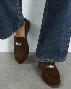 Brown Faux Suede Silver Detail Loafers