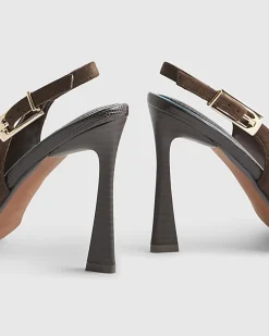 Brown Faux Suede Slingback Heeled Sandals