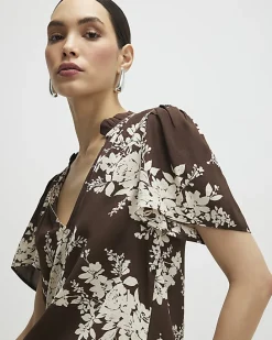 Brown Floral Print Short Sleeve Top