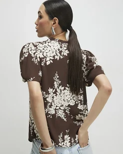 Brown Floral Print Short Sleeve Top