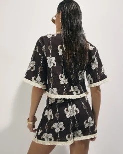 Brown Floral Shell Print Top And Shorts Set