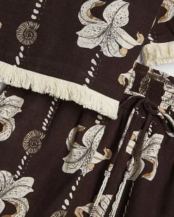 Brown Floral Shell Print Top And Shorts Set