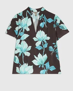 Brown Floral Short Sleeve Blouse