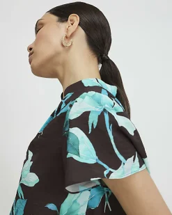 Brown Floral Short Sleeve Blouse