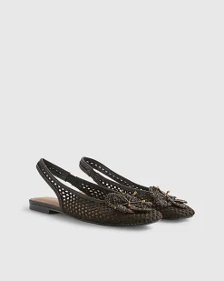 Brown Flower Crochet Flat Slingback Shoes
