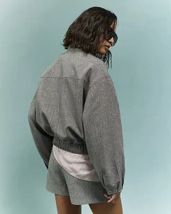 Brown Funnel Neck Bubble Hem Bomber Jacket