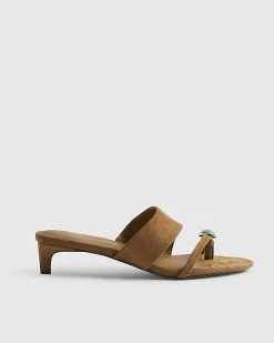 Brown Gem Toe Faux Suede Heeled Sandals