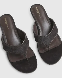 Brown Hair On Leather Toe Thong Heel Sandals
