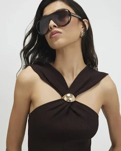 Brown Halter Neck Brooch Knitted Midi Dress