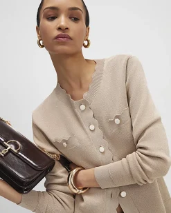 Brown Knit Fitted Scallop Trim Cardigan